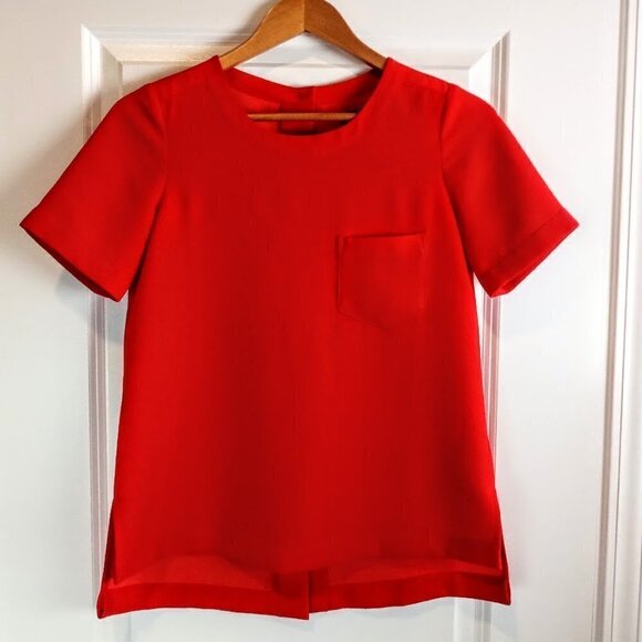 Madewell Industry Button Back Red Short Sleeve Silk Trim Top - Picture 2 of 6